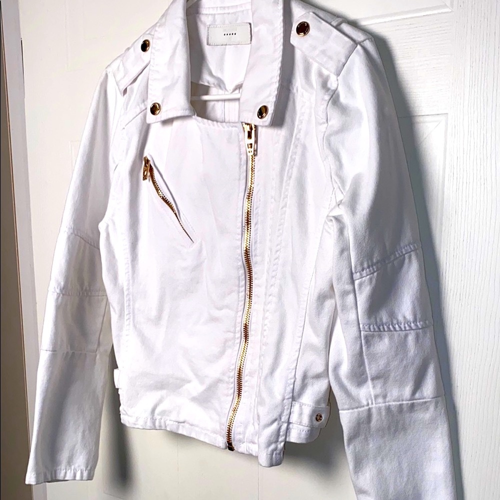 Blank NYC White Faux Leather Moto Jacket with Gold Hardware
